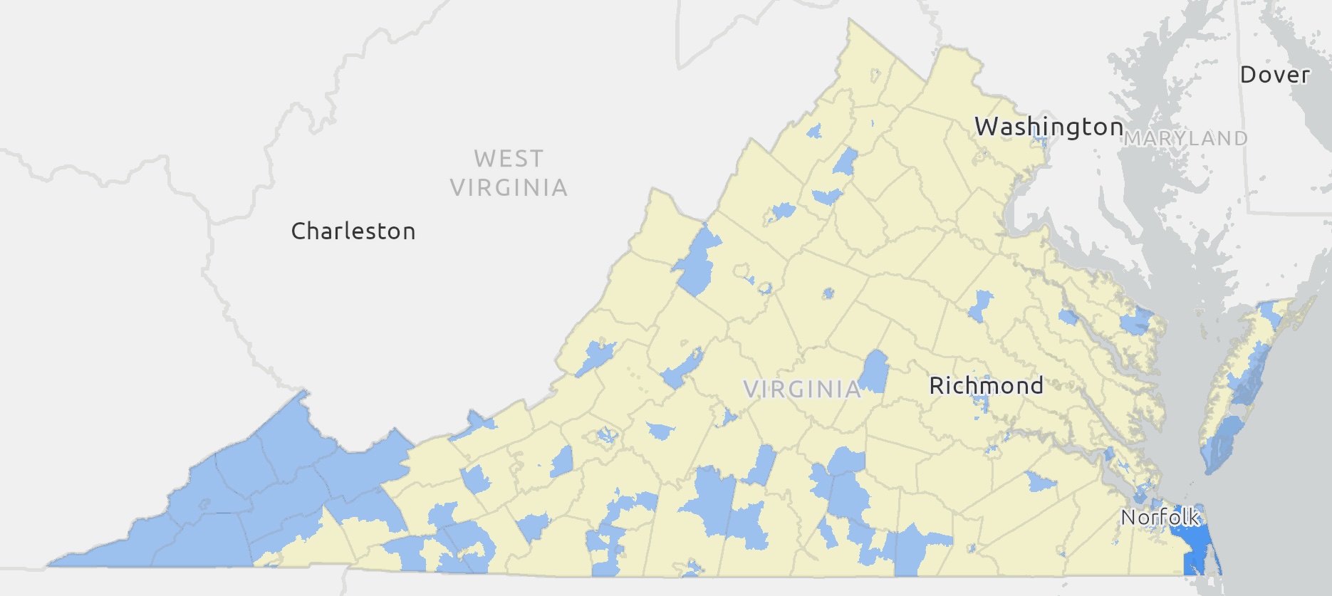 outlined map of Virginia with Targeted areas highlighted