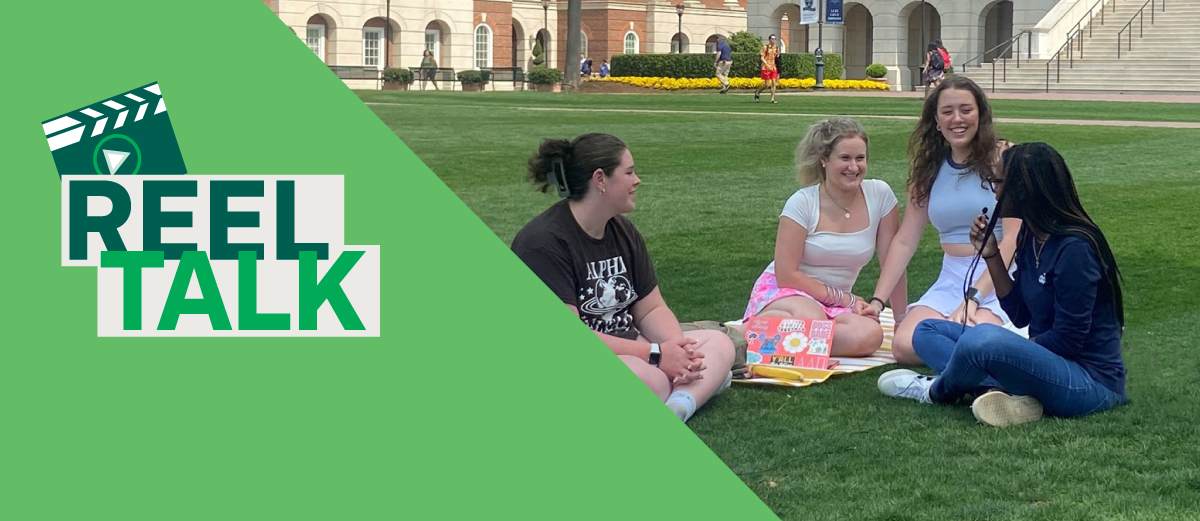 Reel Talk logo and college students sitting down being interviewed on lawn