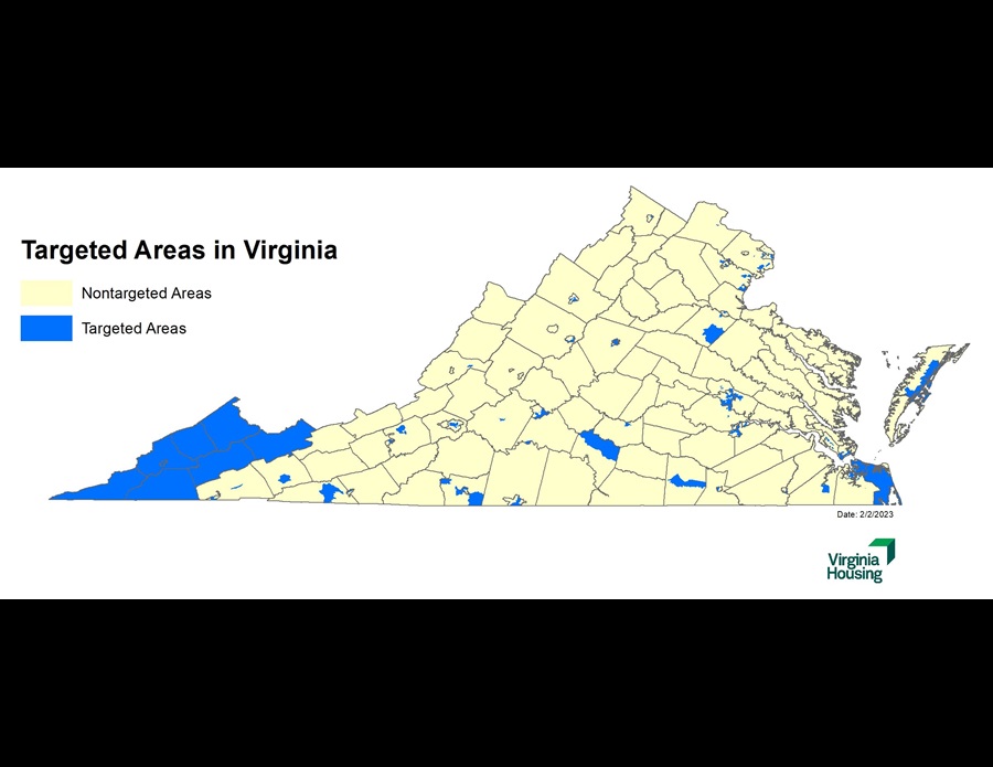 Map of Virginia with targeted areas highlighted